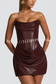 Palmer Faux Leather Pleated Off Shoulder Neck Slit Stretch Mini Dress