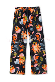 Evening Routine Unique Print Color-block Trim Loose Shirt and Elastic Waist Pocketed Pajama Set