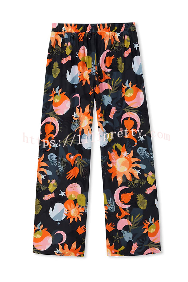 Evening Routine Unique Print Color-block Trim Loose Shirt and Elastic Waist Pocketed Pajama Set