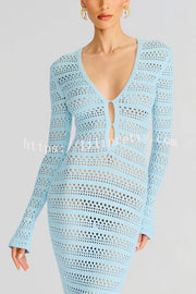 Solid Color Knit Hollow Long Sleeve Vacation Cover Up Maxi Dress