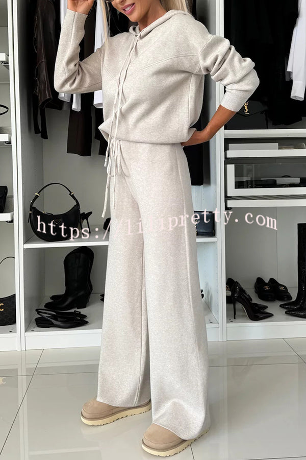 Solid Color Loose Hooded Tie Sweatshirt and Elastic Waist Casual Straight Pants Set