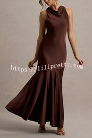 Timeless Sophistication Satin Cowl Detail Back Self-tie Halter Neck Maxi Dress