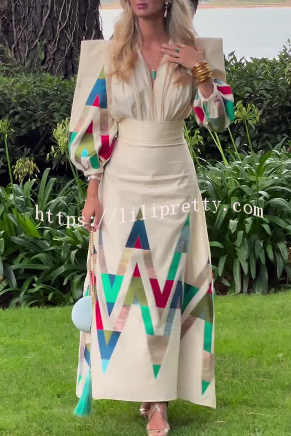Highest Elegance Colorful Triangle Print Padded Shoulder Blouse and High Rise Maxi Skirt Set