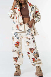 Angel Wings Denim Unique Print Button Up Long Sleeve Pocketed Relaxed Jacket