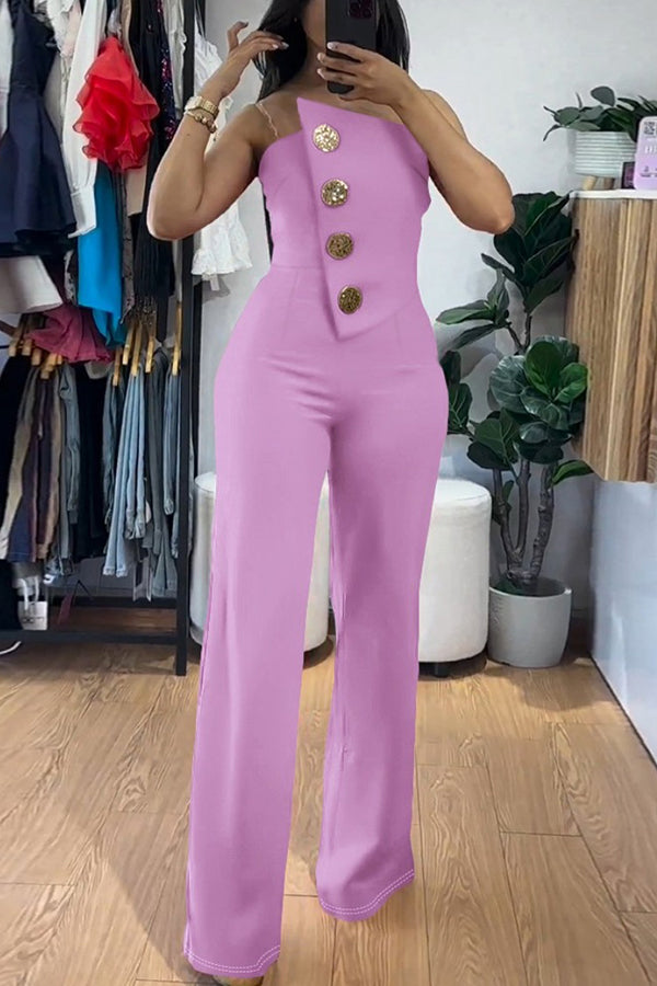 Solid Color Sexy Tube Top Gold Button Embellished Bootcut Jumpsuit