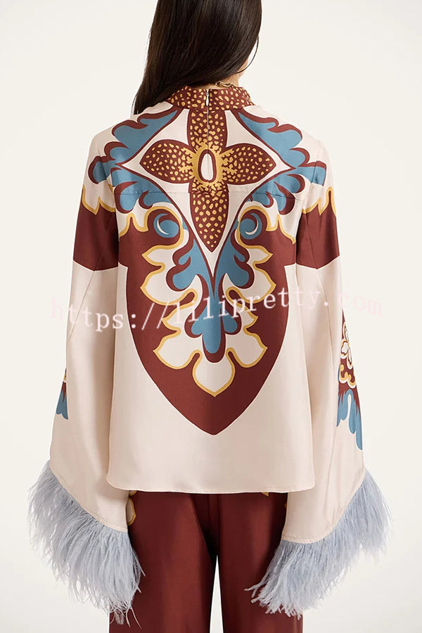 Bohemian Dreams Unique Print High Neck Feather Trim Bell Sleeve Top