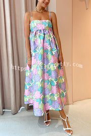 Lilipretty Garden Goddess Floral Printed Back Bow Design A-line Midi Dress