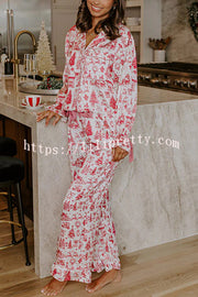 Christmas Night Satin Loose Shirt and Elastic Waist Pocketed Pajama Set