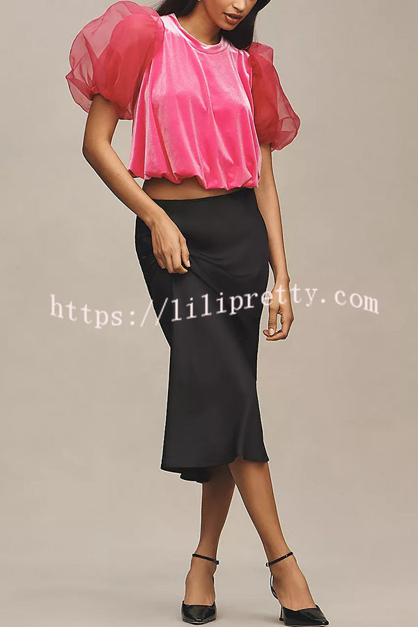 Blissful Smile Velvet Tulle Puff Sleeve Loose Blouse