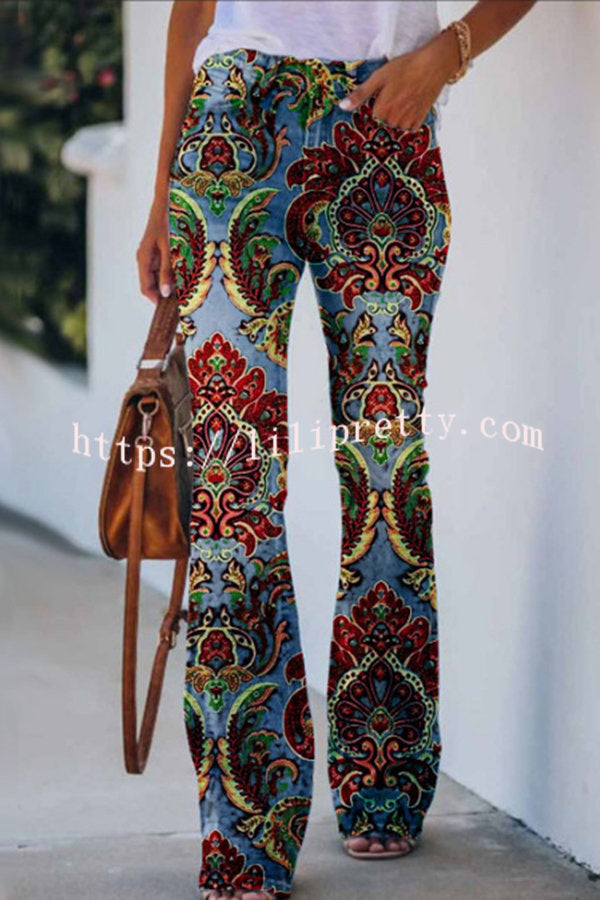 On A Drive Printed Faux High Rise Flare Pants
