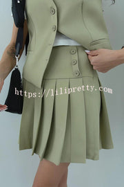 Solid Color Sleeveless Buttoned Vest and High-waisted Pleated Mini Skirt Set