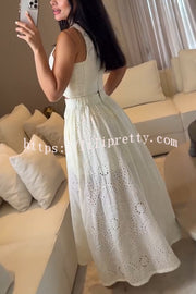 Kaya Embroidery Hollow Lace Back Smocked Tank and Elastic Waist A-line Maxi Skirt Set
