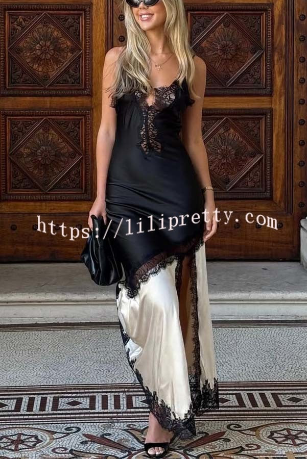 Soft and Romantic Satin Lace Trim Colorblock V-neck Side Slit Maxi Dress