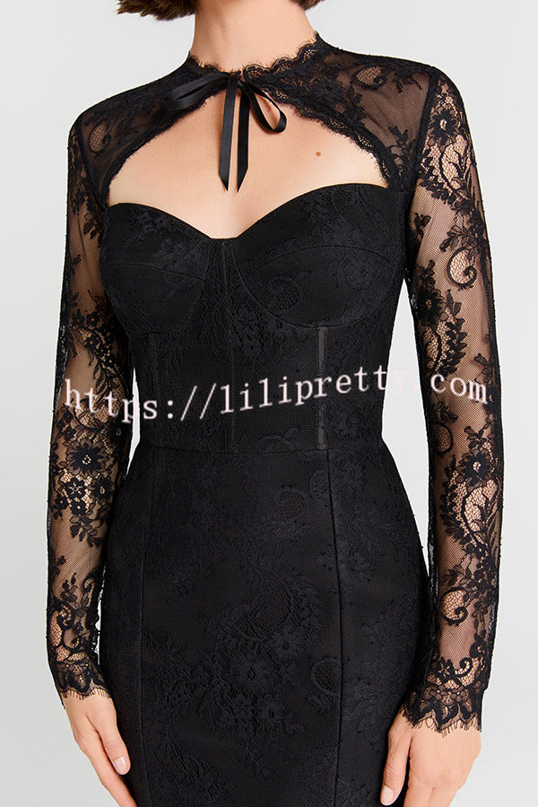 Mylene Lace Corset Cut Sweetheart Tie-up Neck Sheer Long Sleeve Slit Midi Dress