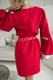 Holiday Gatherings V-neck Long Balloon Sleeve Tie-up Waist Loose Mini Dress