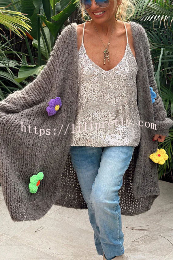 Lilipretty A Different Story Knit Hollow Out Multi Color 3D Flowers Oversized Midi Cardigan