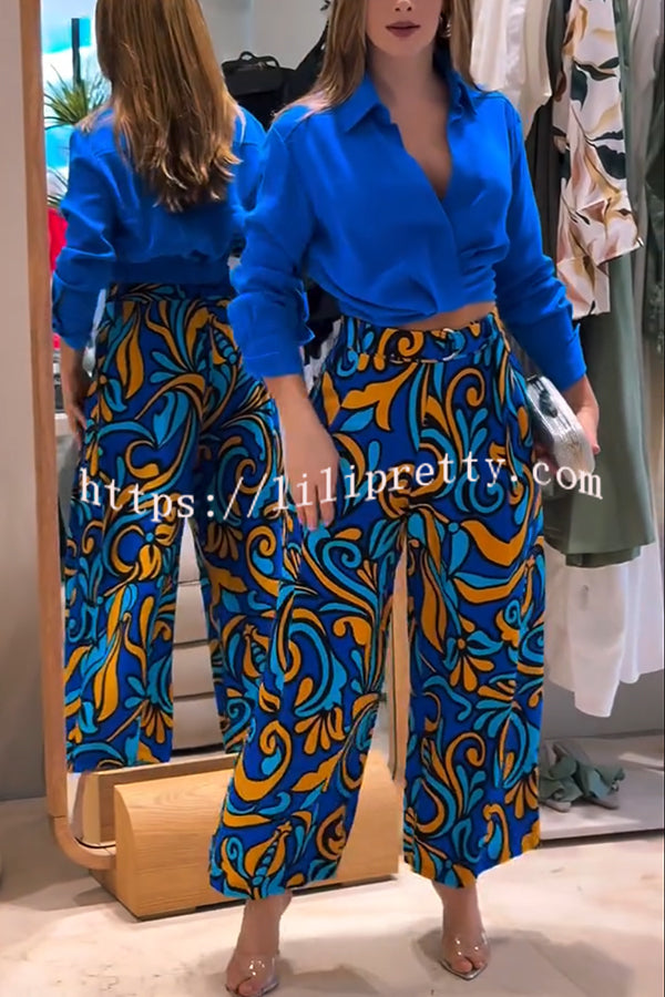Ocean Heart Linen Blend Printed Ruched Hem Blouse and Belted High Rise Pocket Loose Pants Set