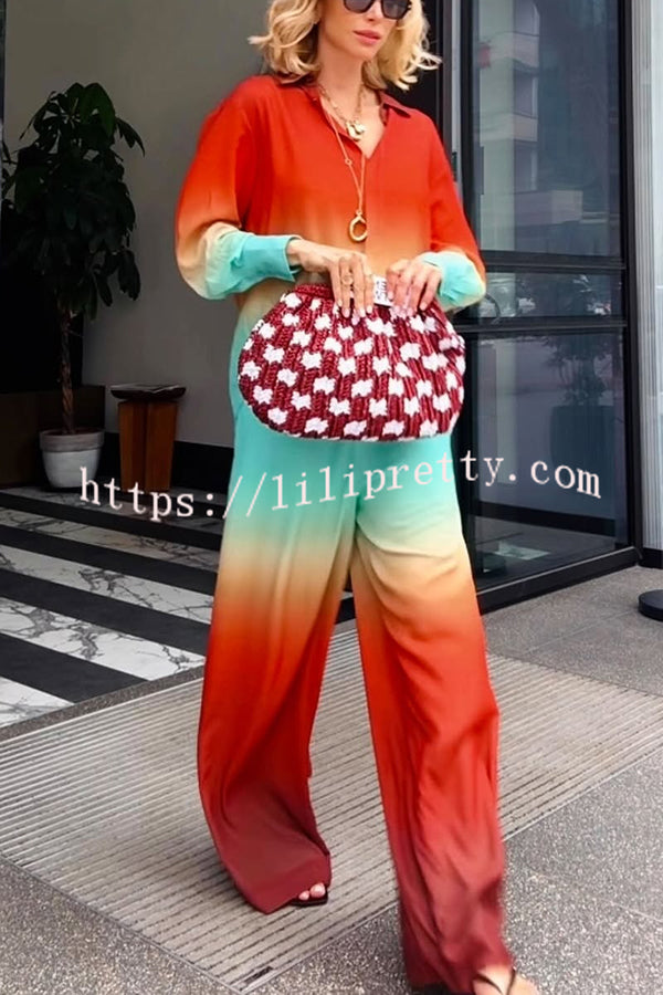 Neon Sunset Gradient Print Long Sleeve High Low Hem Blouse and Elastic Waist Loose Pants Set
