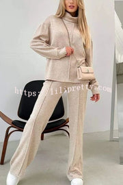 Solid Color Casual Knitted High Neck Long Sleeve Top and Elastic Waist Loose Pants Set