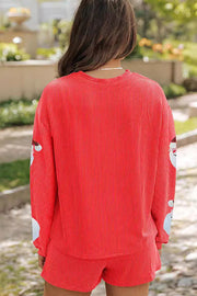 Christmas Sequined Loose Long-sleeved Top and Elastic Waist Casual Shorts Set