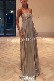 Night Elf Metallic Fabric Pleated Off Shoulder Twist Bust Slit Maxi Dress