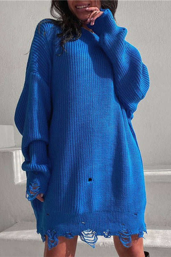 Solid Color Loose Ripped Knitted Mid-length Sweater