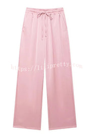 Fashionable Pleated Elastic Waist Tie Casual Pocket Wide-leg Pants