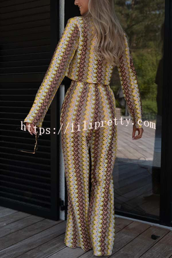 Tamia Knit Colorful Wave Unique Print Crop Top and Stretch Wide Leg Pants Set