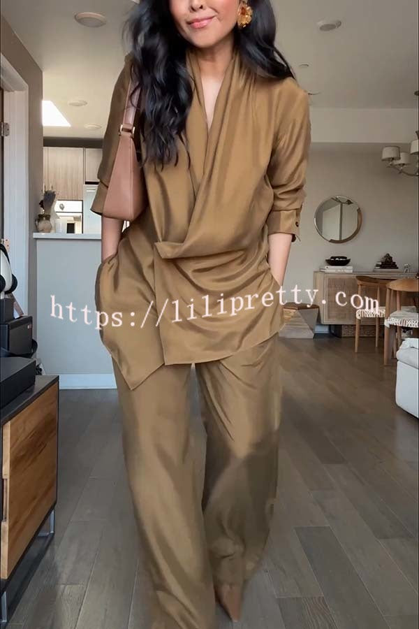 Bella Satin Drape Collar Single Button Casual Blazer and Elastic Waist Pocket Loose Pants Set