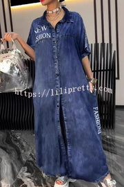 Fashion Letter Print Lapel Cardigan Loose Maxi Dress