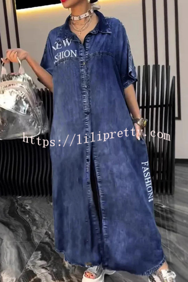 Fashion Letter Print Lapel Cardigan Loose Maxi Dress
