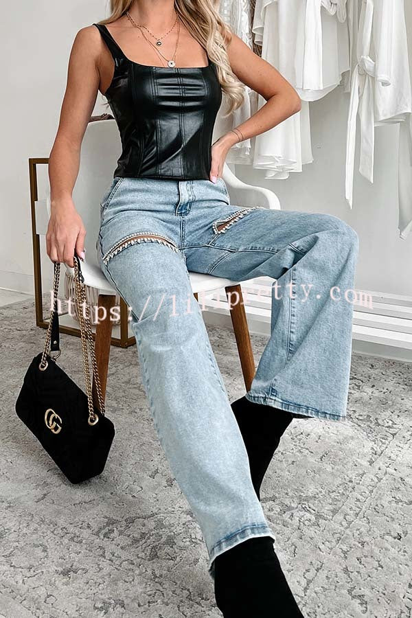 Blowing Your Mind Slit-Front Wide Leg Pocket Rhinestone Jeans