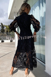 Lilipretty Romantic, Sensual and Elegant Crochet Lace Lantern Sleeve Party Midi Dress
