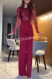 Seleia Tulle Sequin Patchwork Long Sleeve Wide Leg Stretch Jumpsuit