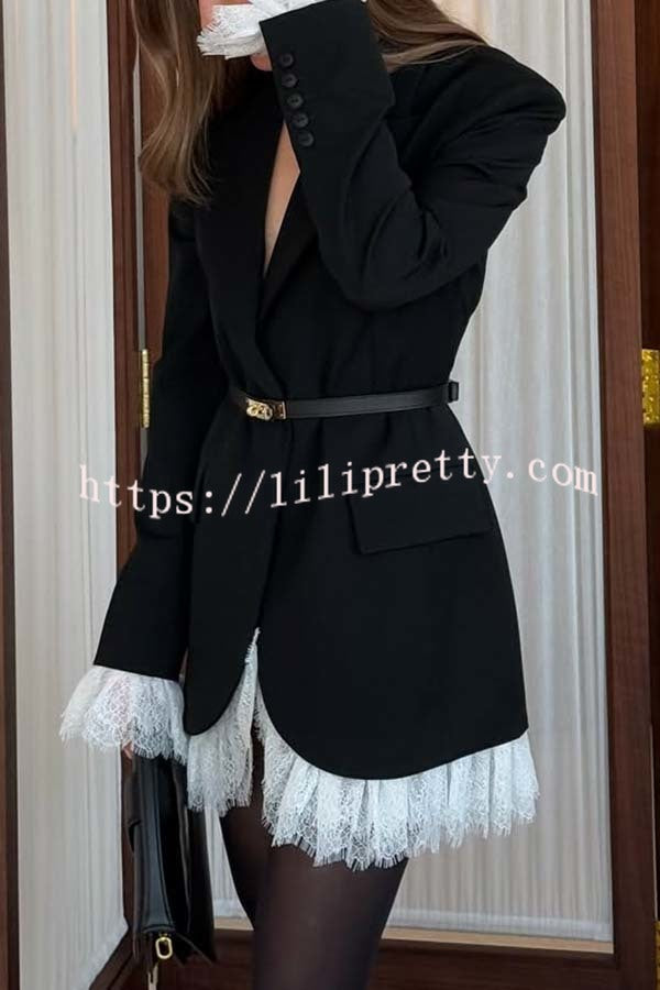 Cue The Chic Lace Trim Button Long Sleeve Lapel Blazer Mini Dress