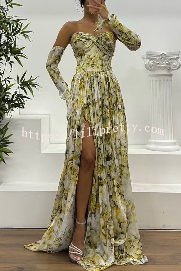 Reina Chiffon Floral Print Pleated Bodice Split Sleeve Strapless Slit Maxi Dress