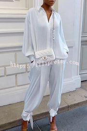 Lilipretty Solid Shirt Collar Stripe Side Pocket Top Pant Set