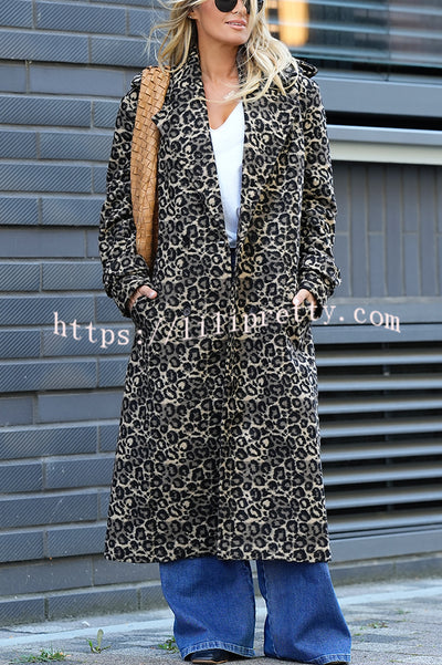 Leopard Affair Animal Print Epaulettes Long Sleeve Pocketed Lapel Midi Trench Coat
