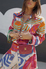 Elouise Satin Color Block Art Print Long Sleeve Button Back Elastic Waist H-line Mini Dress