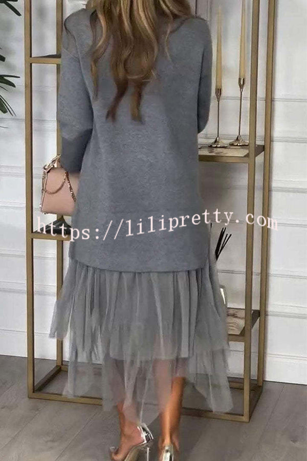 Taylor Knit High Neck Zip Top Patchwork Layered Tulle Loose Midi Dress