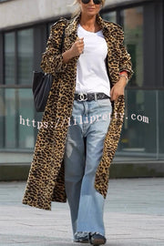 Be Free Velvet Leopard Print Long Sleeve Loose Midi Trench Coat