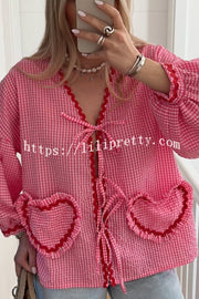 Lovely Plaid Heart Pattern Casual Lace-up Pocket Loose Shirt