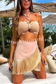 Solid Color Halter Neck Tassel Skirt Stretch Two-piece Bikini Swimsuit