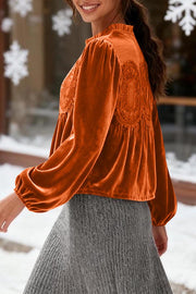 Fashionable Velvet and Lace Patchwork Loose Long-sleeved Top