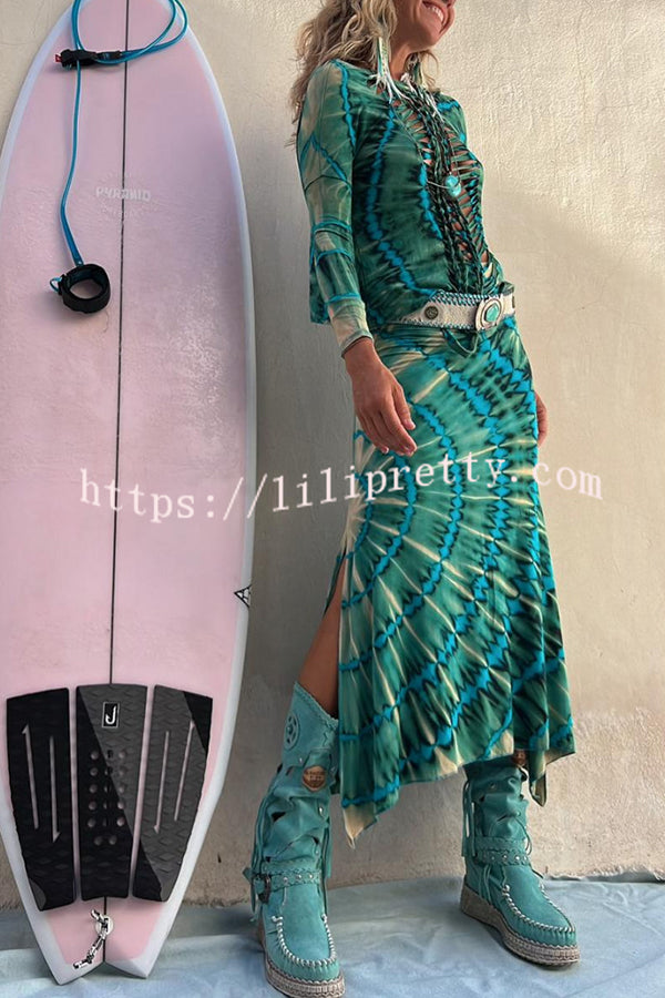 Lilipretty Giulia Tie-dye Print High Rise Stretch Slit Skirt