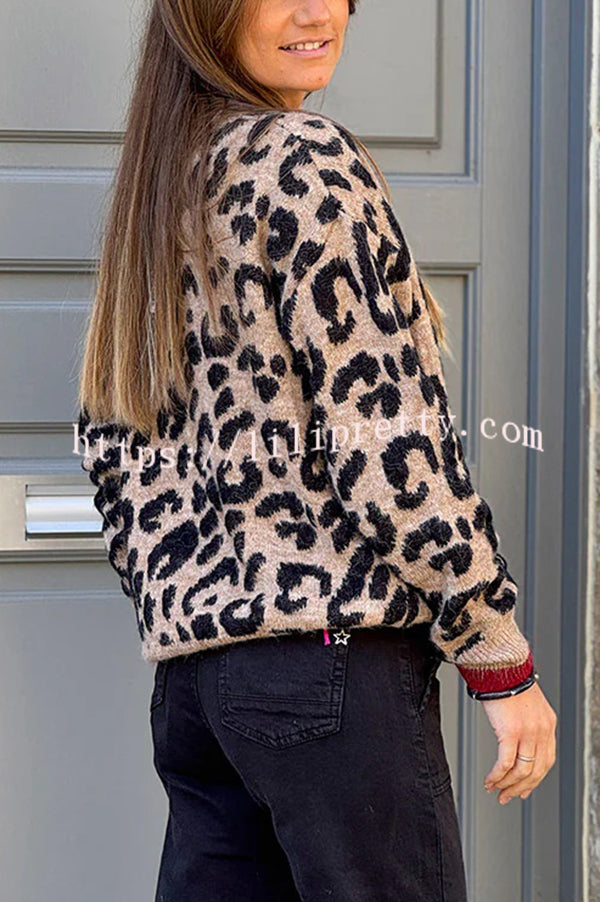 Leopard Print Crew Neck Long-sleeved Loose Knit Cardigan