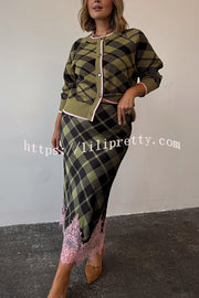 Holiday Plaid Knit Color-blocked Trim Button Long-sleeved Loose Cardigan