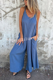 Linen Blend Solid Color Suspenders Loose Pockets Casual Wide-leg Jumpsuit