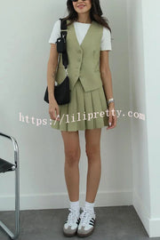 Solid Color Sleeveless Buttoned Vest and High-waisted Pleated Mini Skirt Set