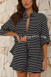 Stripe Print Lapel Short-sleeved Shirt Top and Elastic Waist Loose Shorts Set